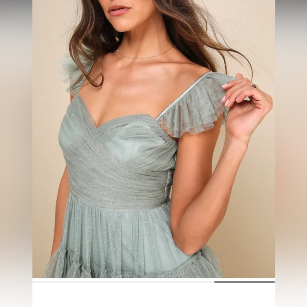 Pure Radiance Sage Brush Mesh Swiss Dot Tiered Maxi Dress